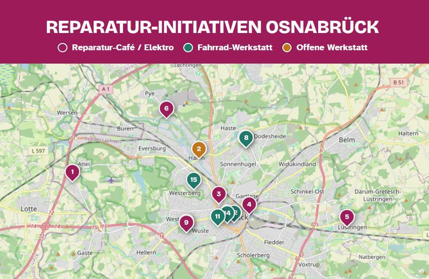 Screenshot einer Karte der Reparatur-Initiativen in Osnabrück. Klick führt zur aktiven Karte. 